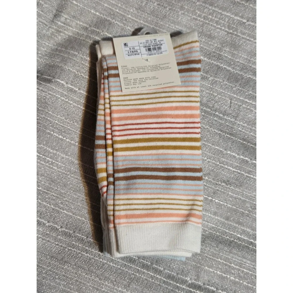 A New Day Womens Crew Socks 3 Pairs Seashell Stripes Blue Cream Size 4-10